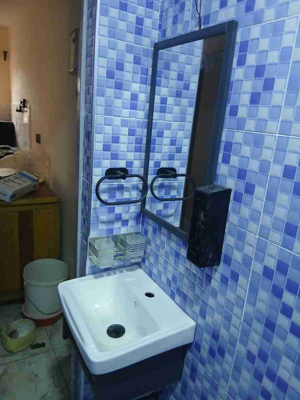 Blue Mosaic Bathroom Fit-Out — Basin and mirror in place